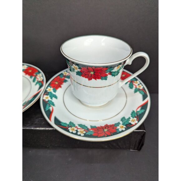 Tienshan Deck The Halls Footed Cup and Saucer Set 6 Oz Lot of 2 - Picture 3 of 10